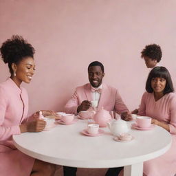 A white man, a black man, and two women enjoying tea at a table with everything in pink hues