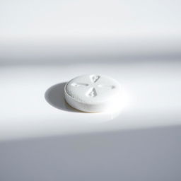 Close-up view of a single drug tablet on a glossy white surface