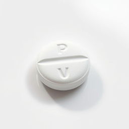 Close-up view of a single drug tablet on a glossy white surface