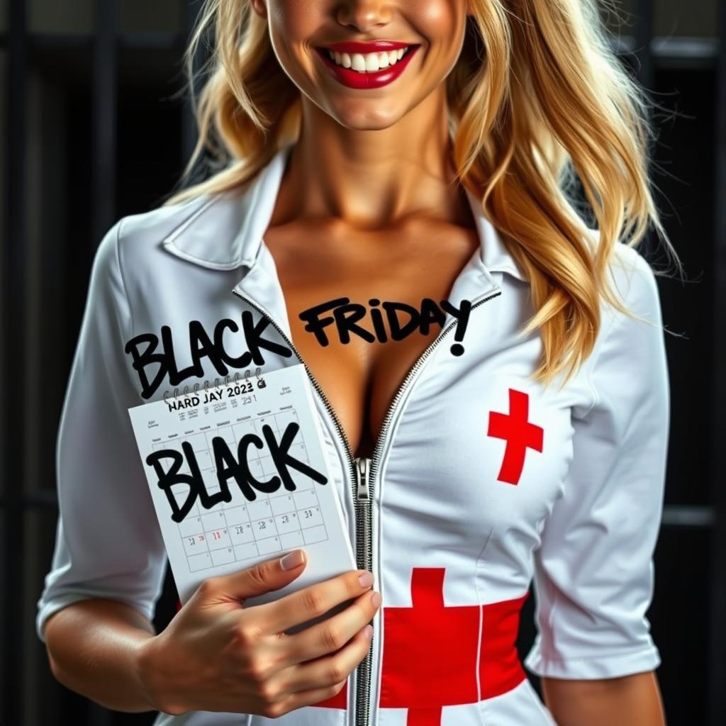 An extreme close-up torso shot of a gorgeous nurse with a blond ponytail