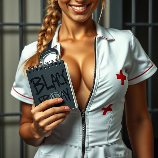 An extreme close-up torso shot of a gorgeous nurse with a blond ponytail
