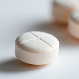 A close-up, detailed photography of a solid drug pill, focusing on its texture and intricate markings