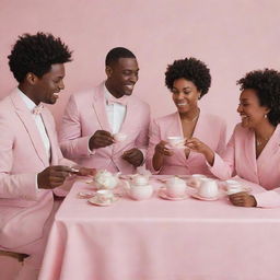 A white man, a black man, and two women enjoying tea at a table with everything in pink hues