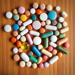 A variety of solid drugs arranged neatly on a wooden table