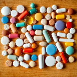 A variety of solid drugs arranged neatly on a wooden table