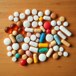 A variety of solid drugs arranged neatly on a wooden table