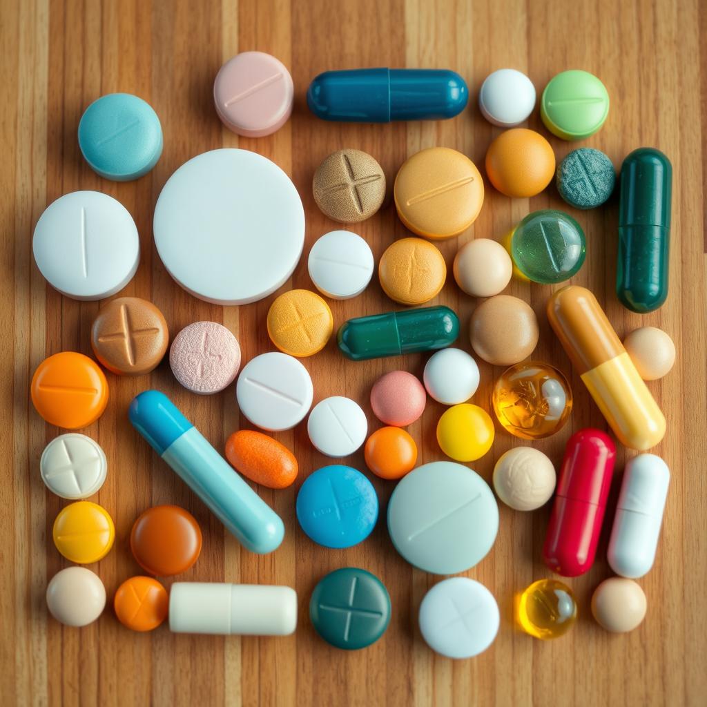 A variety of solid drugs arranged neatly on a wooden table