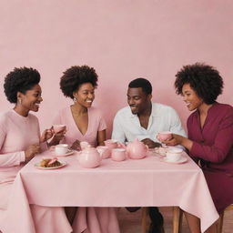 A white man, a black man, and two women enjoying tea at a table with everything in pink hues