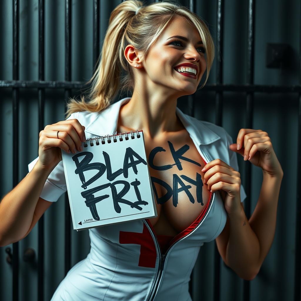 A stunning nurse with a blonde ponytail, wearing an unzipped white dress featuring a red cross, revealing a generous chest and cleavage