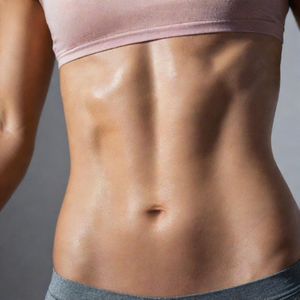 A close-up view of a fit and healthy individual's toned abs, glistening with a light sheen of sweat under soft studio lighting.