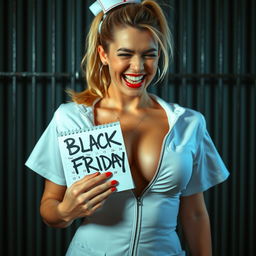 A stunning nurse with a blonde ponytail, wearing an unzipped white dress featuring a red cross, revealing a generous chest and cleavage