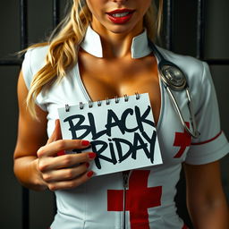 extreme close-up on the chest and torso shot of a gorgeous nurse with a blond ponytail, wearing a partially unzipped white dress featuring a red cross design, accentuating a large chest and pronounced cleavage