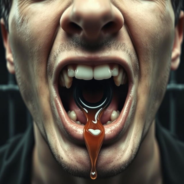 extreme close-up of the mouth of a white male with short dark hair, holding a black condom in the shape of an "O" in his mouth with a saliva drip