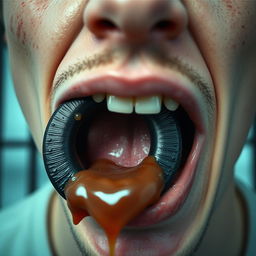 Extreme close-up of a white male's mouth with short dark hair, holding a black 'O' in his mouth