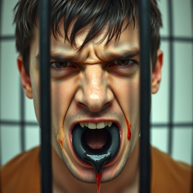 Extreme close-up of a white male's mouth with short dark hair, holding a black 'O' in his mouth