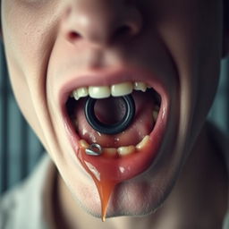 Extreme close-up of a white male's mouth with short dark hair, holding a black 'O' in his mouth