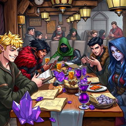 A lively scene at a dining table in a bustling tavern, featuring a diverse group of DnD adventurers enjoying their time