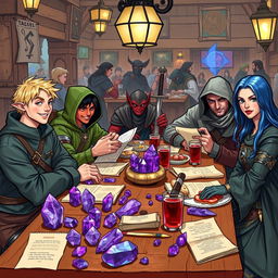 A lively scene at a dining table in a bustling tavern, featuring a diverse group of DnD adventurers enjoying their time