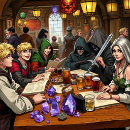 A lively scene at a dining table in a bustling tavern, featuring a diverse group of DnD adventurers enjoying their time