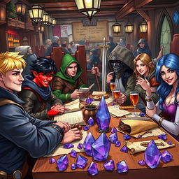 A lively scene at a dining table in a bustling tavern, featuring a diverse group of DnD adventurers enjoying their time