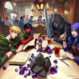 A lively scene at a dining table in a bustling tavern, featuring a diverse group of DnD adventurers