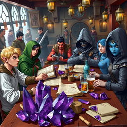 A lively scene at a dining table in a bustling tavern, featuring a diverse group of DnD adventurers