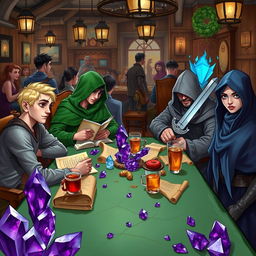 A lively scene at a dining table in a bustling tavern, featuring a diverse group of DnD adventurers