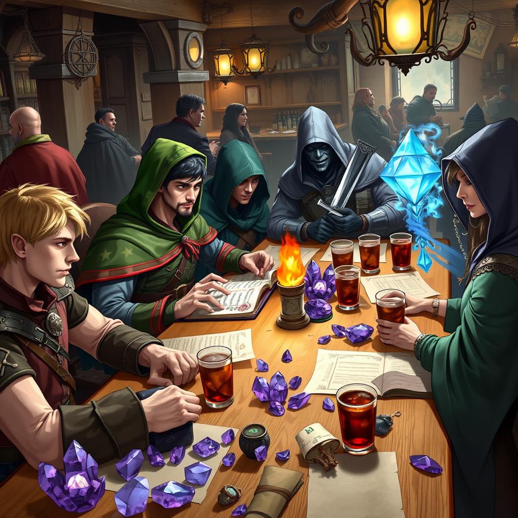 A lively scene at a dining table in a bustling tavern, featuring a diverse group of DnD adventurers