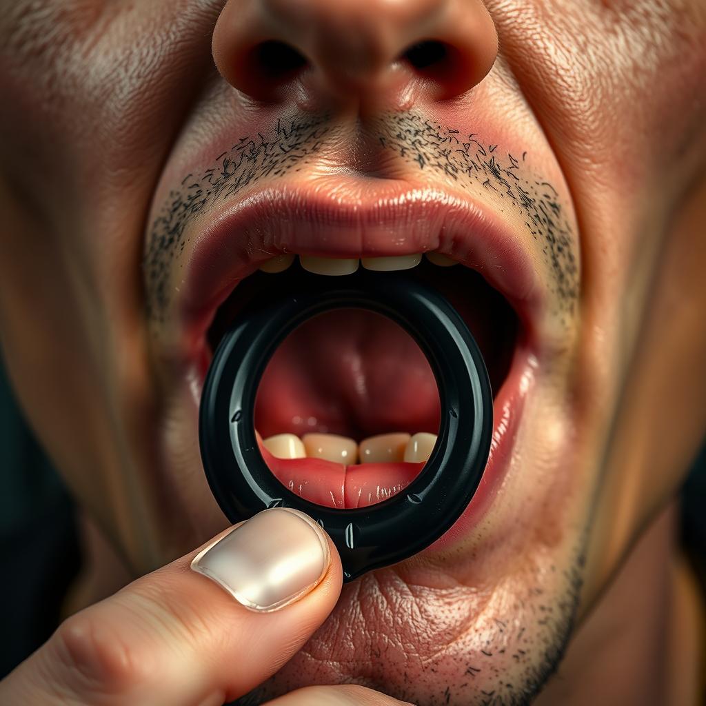 Extreme close-up of a white male's mouth with short dark hair