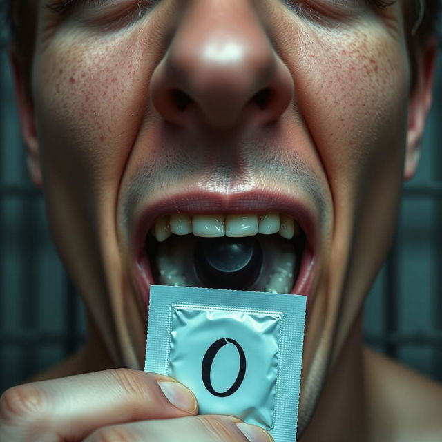 An extreme close-up of a white male's mouth, with short dark hair, holding a condom with a black 'O' printed on it, and a black rubber back in his mouth