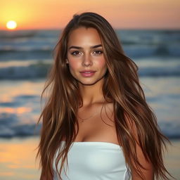 A young woman with long, flowing hair, standing confidently on a beach