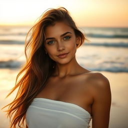 A young woman with long, flowing hair, standing confidently on a beach