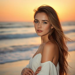 A young woman with long, flowing hair, standing confidently on a beach