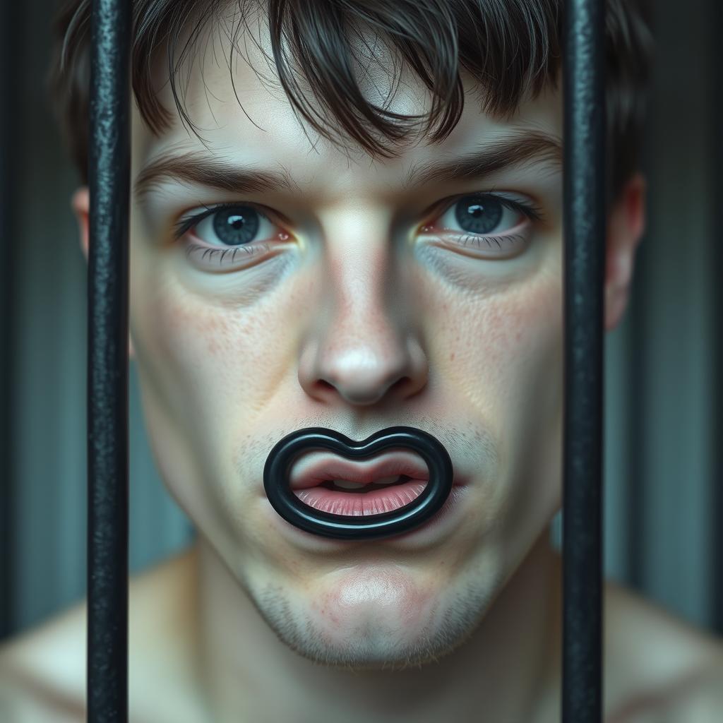 extreme close-up of a white male with short dark hair, holding a black rubber condom between his lips forming an 'O' shape, with prison bars blurred in the background