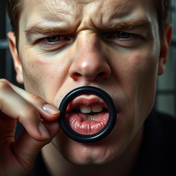 extreme close-up of a white male with short dark hair, holding a black rubber condom between his lips forming an 'O' shape, with prison bars blurred in the background