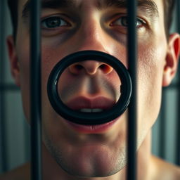 extreme close-up of a white male with short dark hair, holding a black rubber condom between his lips forming an 'O' shape, with prison bars blurred in the background