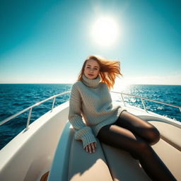 A serene scene featuring a young woman lounging comfortably on a luxurious yacht