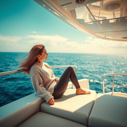 A serene scene featuring a young woman lounging comfortably on a luxurious yacht