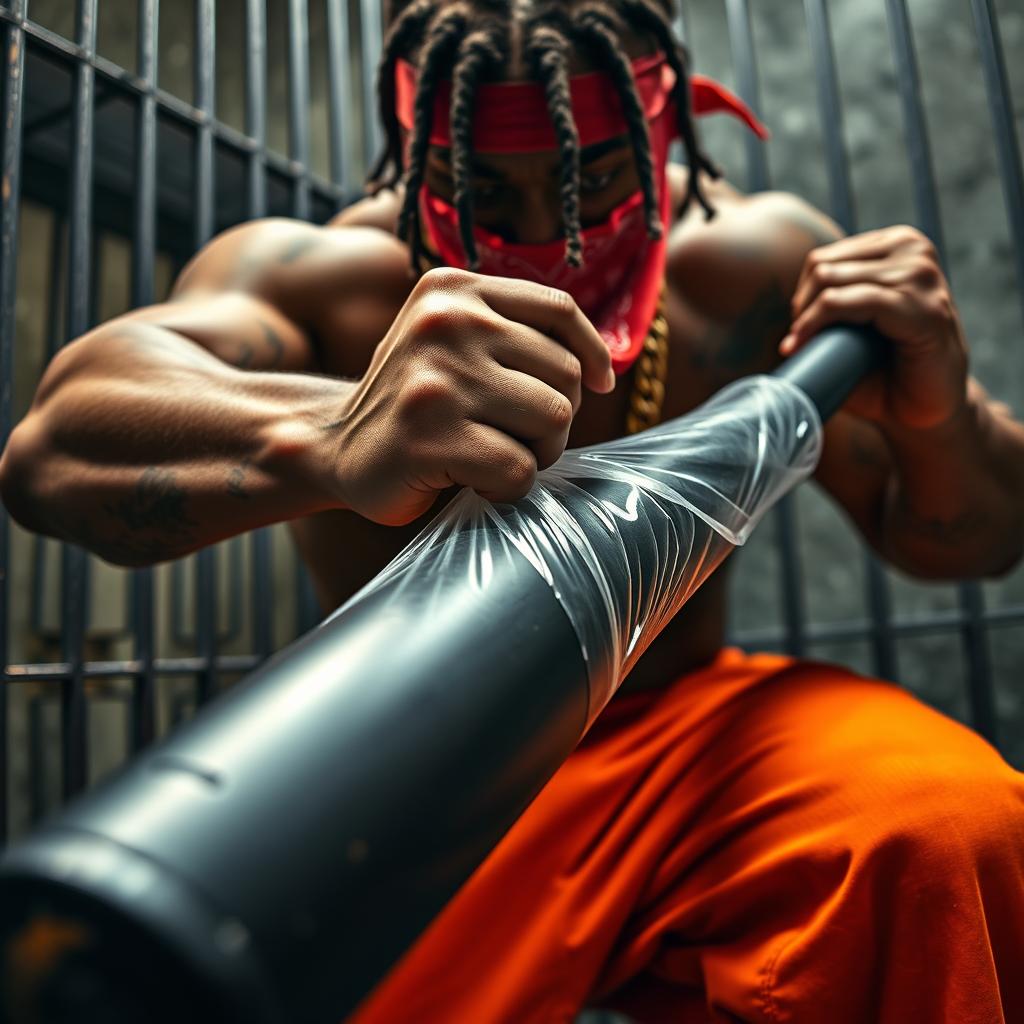 Close-up of a muscular African American man with gang member appearance, wearing baggy orange pants and a red bandana mask over his nose and mouth