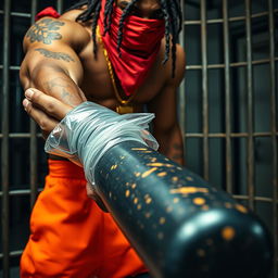 Close-up of a muscular African American man with gang member appearance, wearing baggy orange pants and a red bandana mask over his nose and mouth