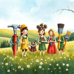 A realistic yet whimsical watercolor scene of people dressed as various tools such as hammers, screwdrivers, wrenches, and paintbrushes