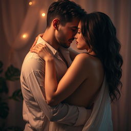 A romantic and sensual atmosphere featuring a couple embracing each other, their clothes gently cascading down in an intimate setting