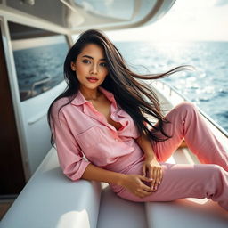 A full body portrait of a young woman with long, flowing black hair lounging on a luxurious yacht, lying on her side