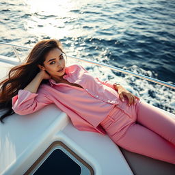 A full body portrait of a young woman with long, flowing black hair lounging on a luxurious yacht, lying on her side