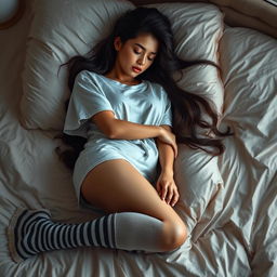 A stunning young woman in a seductive pose, sleeping peacefully in a cozy bedroom