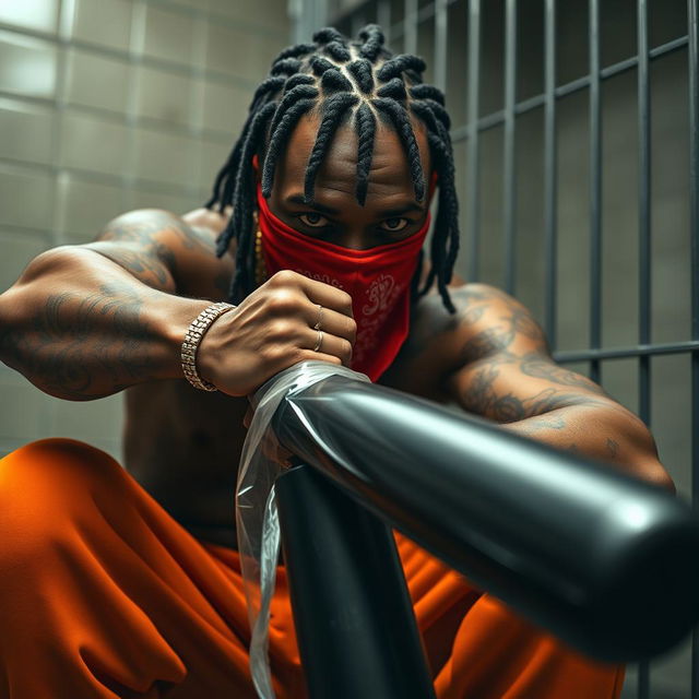 close-up of a muscular African American gang member in a prison cell, wearing baggy orange pants and a red bandana mask covering his nose and mouth