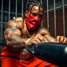 close-up of a muscular African American gang member in a prison cell, wearing baggy orange pants and a red bandana mask covering his nose and mouth