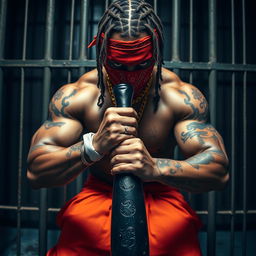 close-up of a muscular African American gang member in a prison cell, wearing baggy orange pants and a red bandana mask covering his nose and mouth