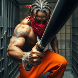 close-up of a muscular African American gang member in a prison cell, wearing baggy orange pants and a red bandana mask covering his nose and mouth