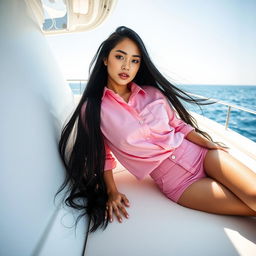 A full body portrait of a young woman with flowing black hair, lounging on a luxurious yacht